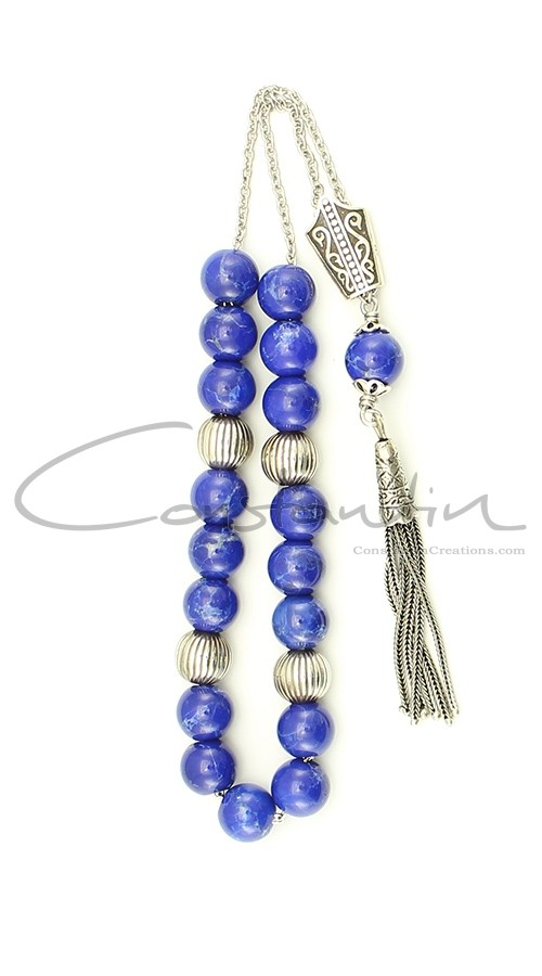 Greek komboloi of Howlite gemstone decorated with silver beads and parts.