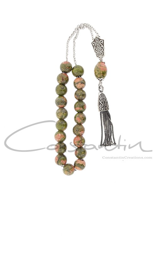 Hand crafted Greek komboloi made of Unakite gem stone and silver parts.