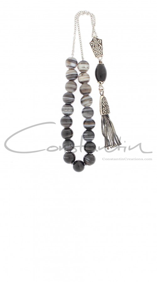 Traditional Greek, handcrafted komboloi, made of Agate gemstone and premium quality silver parts. 