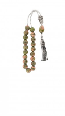Hand crafted Greek komboloi made of Unakite gem stone and silver parts.