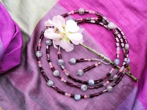 Jewelry set of long multicolor, gemstone beaded necklace and matching earrings