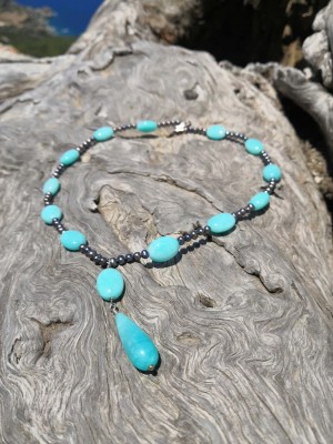 Amazonite gemstone and gray Pearls on handcrafted beaded necklace.