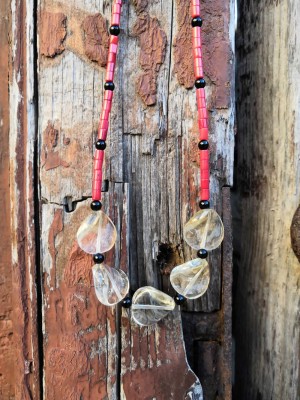 Red coral, Citrine and black Onyx on handcrafted beaded necklace.