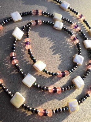 Long & Elegant, handcrafted beaded necklace of Natural Pearls, Cherry quartz and Amethyst.